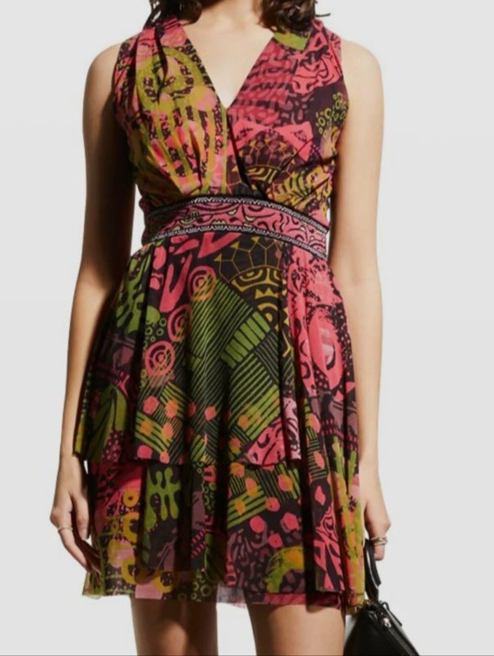 FUZZI  NWT 🏷 V Neck Mesh Tulle Sleeveless Bright Print Tiered Rare Size XXL